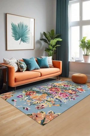 Lucio Çiçek Desenli Pamuk Tabanlı Yıkanabilen Kaydırmaz Antibakteriyel Şönil Salon Halısı - Aydahome