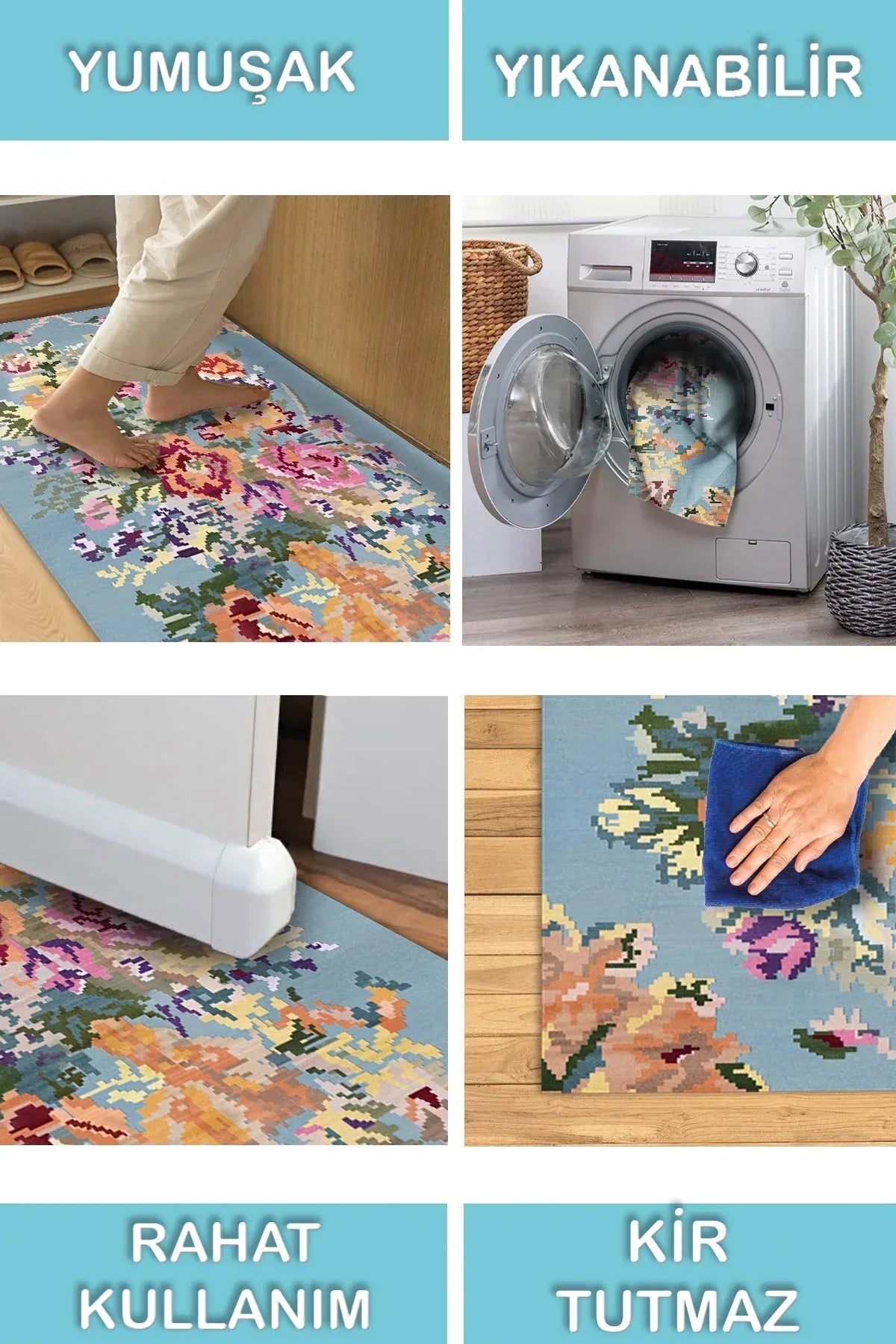 Lucio Çiçek Desenli Pamuk Tabanlı Yıkanabilen Kaydırmaz Antibakteriyel Şönil Salon Halısı - Aydahome