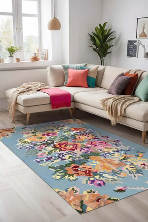 Lucio Çiçek Desenli Pamuk Tabanlı Yıkanabilen Kaydırmaz Antibakteriyel Şönil Salon Halısı - Aydahome