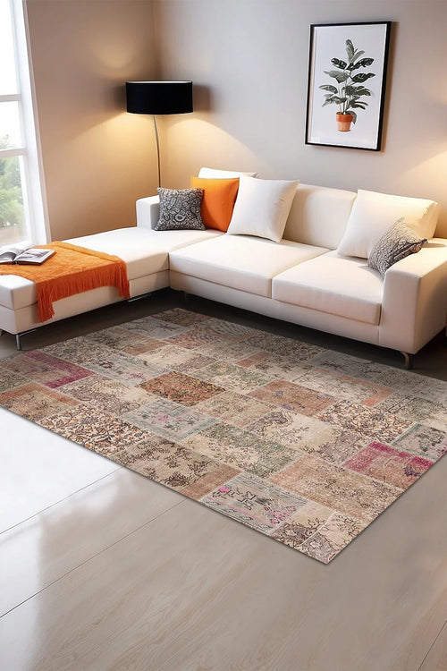 Senda Patchwork Desenli Pamuk Tabanlı Yıkanabilen Kaydırmaz Antibakteriyel Şönil Salon Halısı - Aydahome