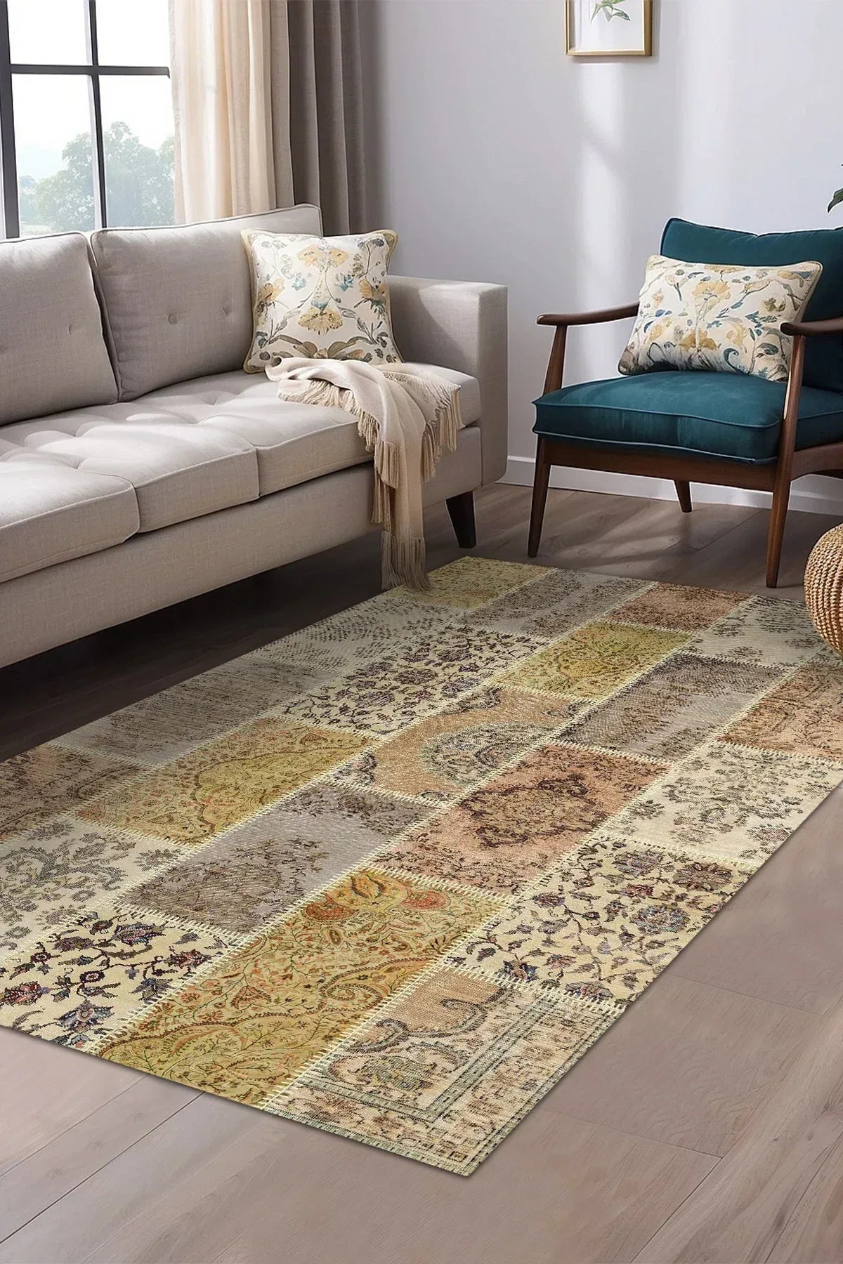 Serene Patchwork Desenli Pamuk Tabanlı Yıkanabilen Kaydırmaz Antibakteriyel Şönil Salon Halısı - Aydahome