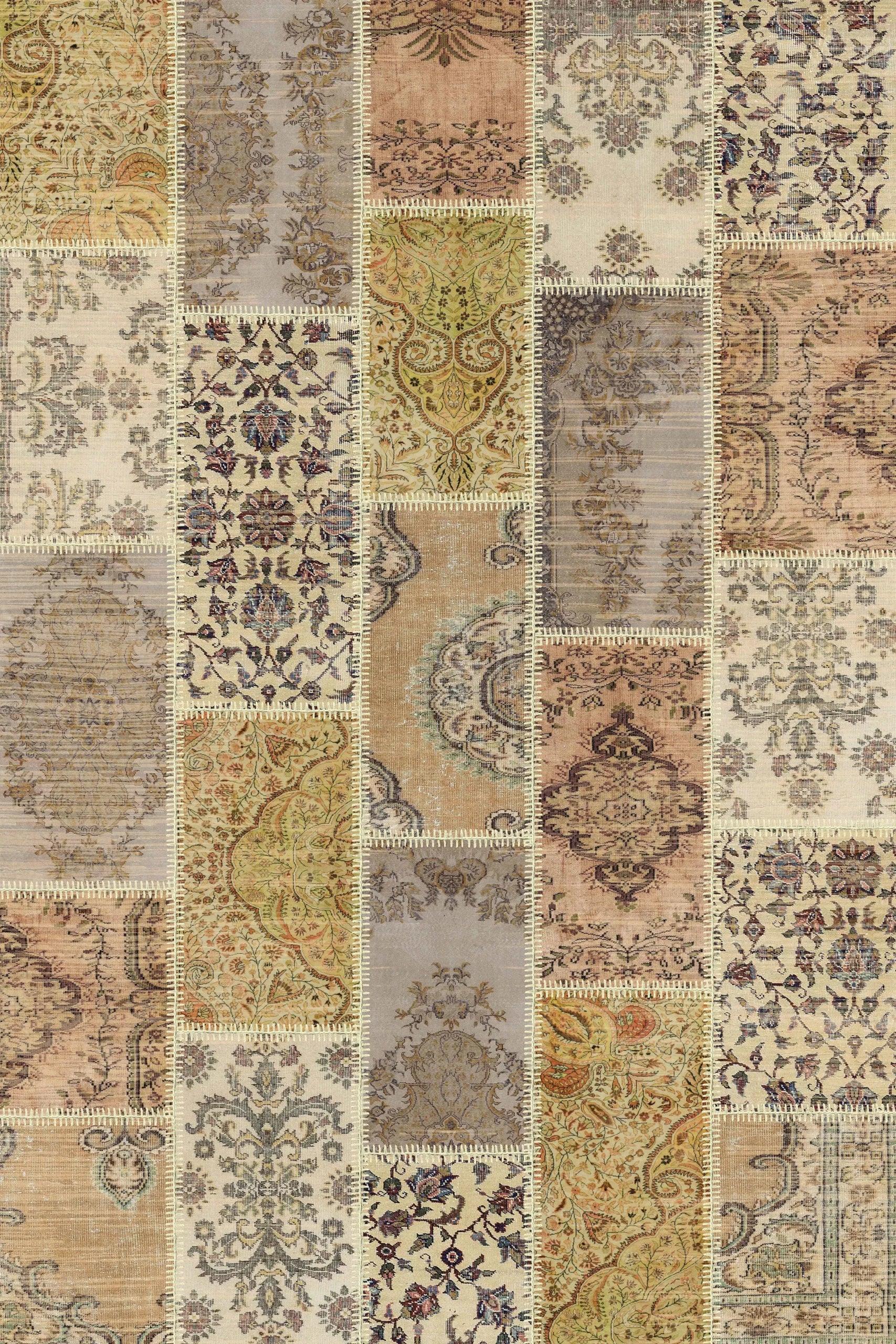 Serene Patchwork Desenli Pamuk Tabanlı Yıkanabilen Kaydırmaz Antibakteriyel Şönil Salon Halısı - Aydahome