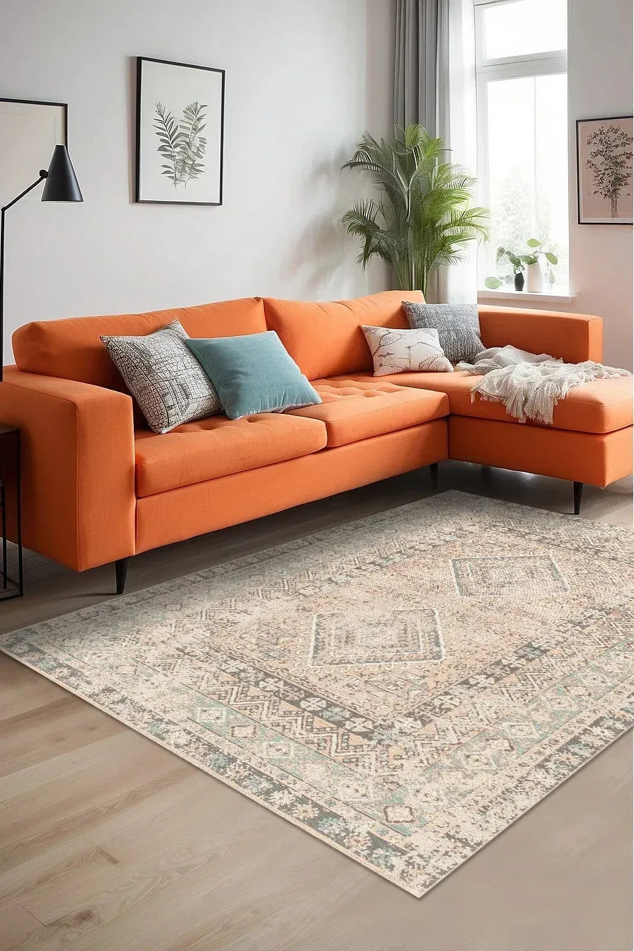 Soothe Vıntage Desenli Pamuk Tabanlı Yıkanabilen Kaydırmaz Antibakteriyel Şönil Salon Halısı - Aydahome