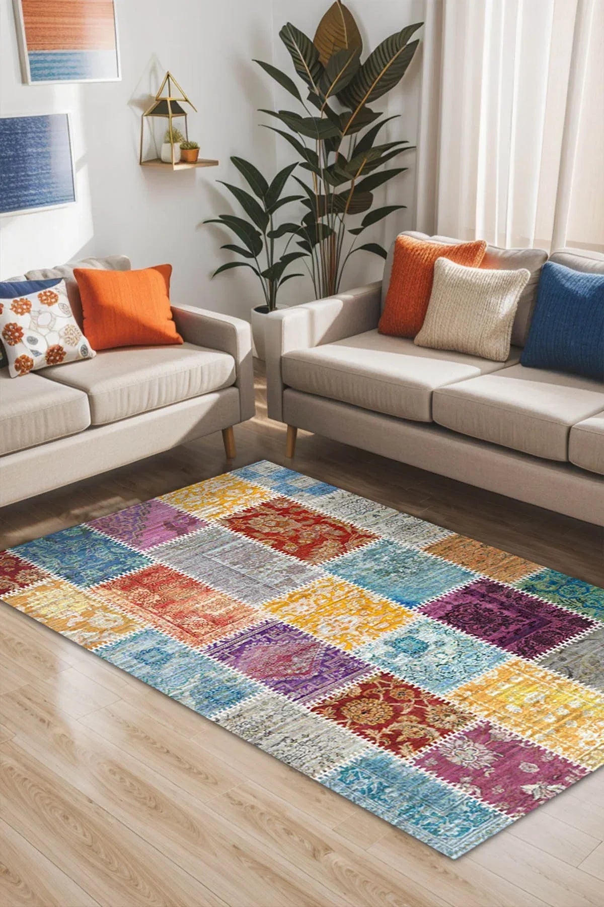 Kepa Patchwork Kadife Yıkanabilir Kaymaz Pamuk Tabanlı Antibakteriyel Salon Halısı - Aydahome
