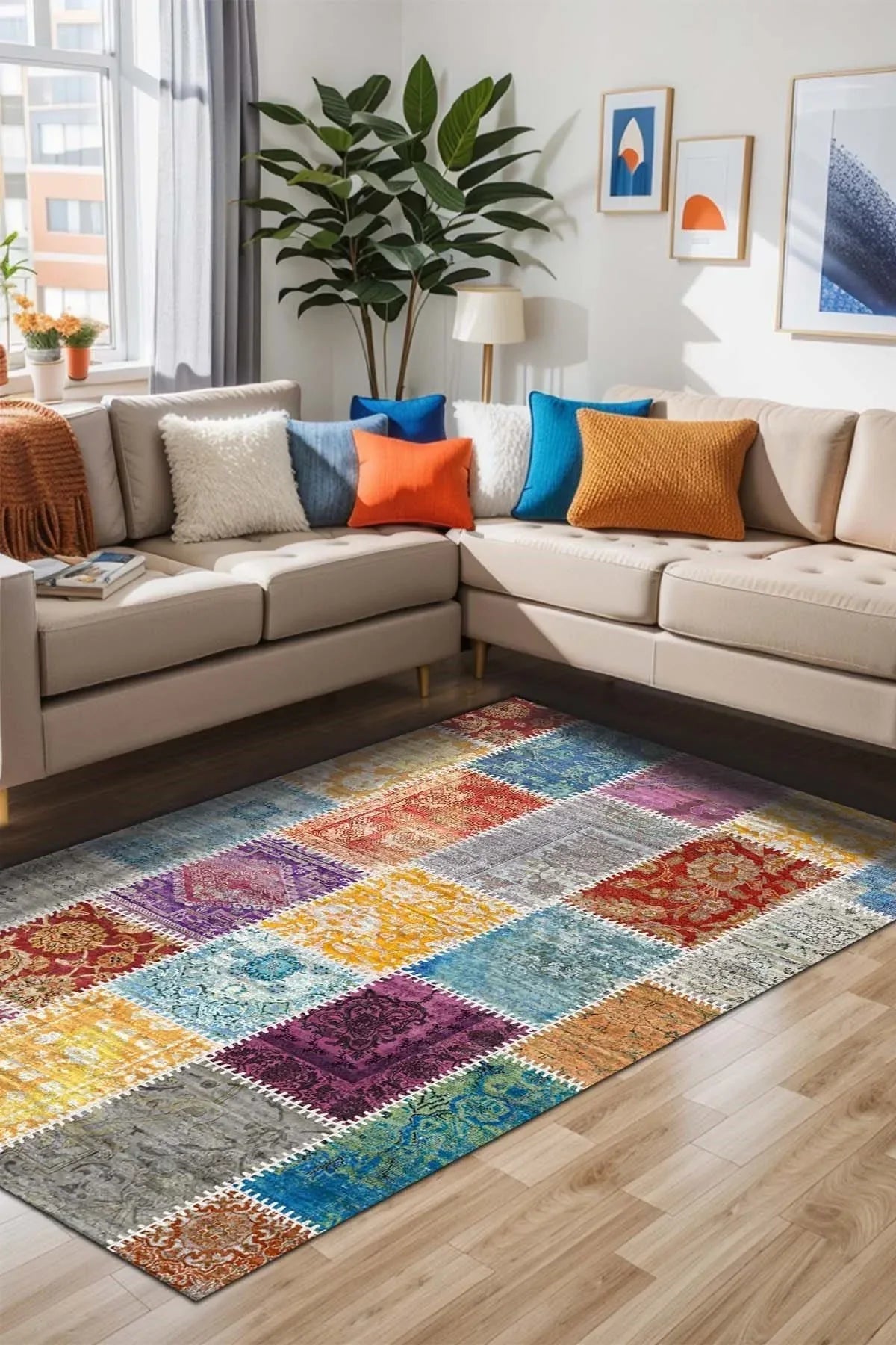 Kepa Patchwork Kadife Yıkanabilir Kaymaz Pamuk Tabanlı Antibakteriyel Salon Halısı - Aydahome