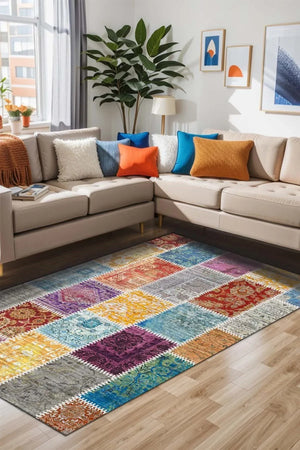 Kepa Patchwork Kadife Yıkanabilir Kaymaz Pamuk Tabanlı Antibakteriyel Salon Halısı - Aydahome