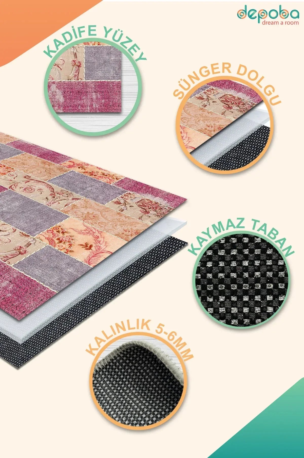 Lina Patchwork Kadife Yıkanabilir Kaymaz Pamuk Tabanlı Antibakteriyel Salon Halısı - Aydahome