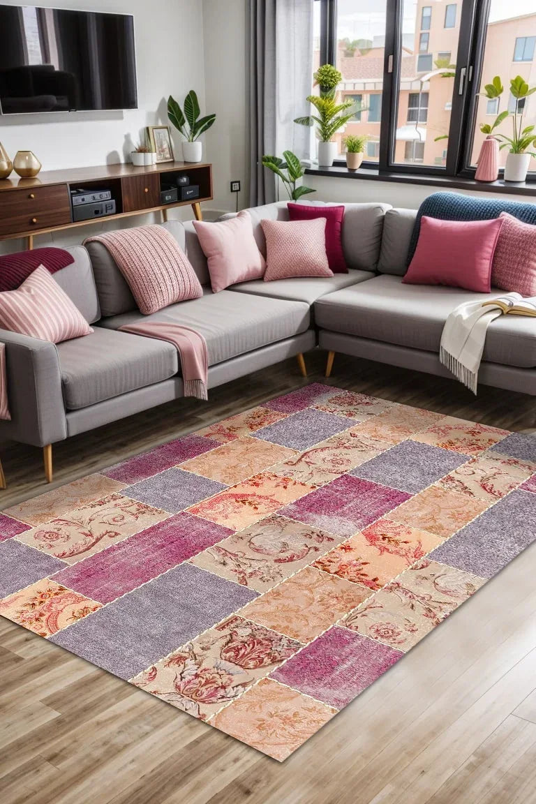 Lina Patchwork Kadife Yıkanabilir Kaymaz Pamuk Tabanlı Antibakteriyel Salon Halısı - Aydahome