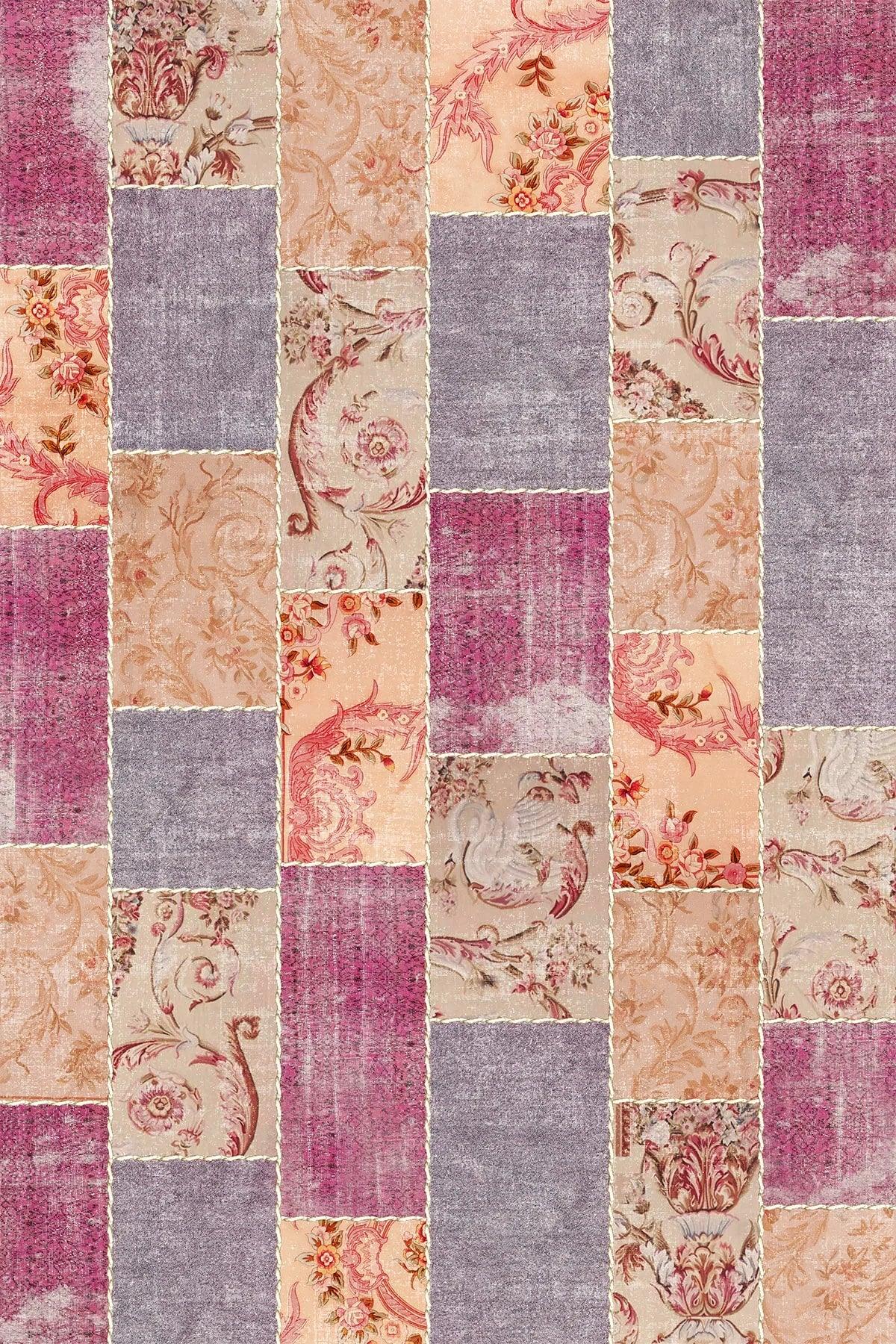 Lina Patchwork Kadife Yıkanabilir Kaymaz Pamuk Tabanlı Antibakteriyel Salon Halısı - Aydahome