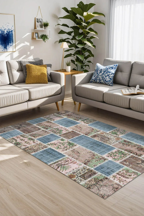 Merkür Patchwork Kadife Yıkanabilir Kaymaz Pamuk Tabanlı Antibakteriyel Salon Halısı - Aydahome