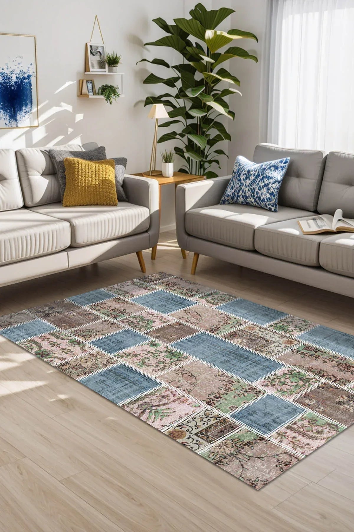 Merkür Patchwork Kadife Yıkanabilir Kaymaz Pamuk Tabanlı Antibakteriyel Salon Halısı - Aydahome
