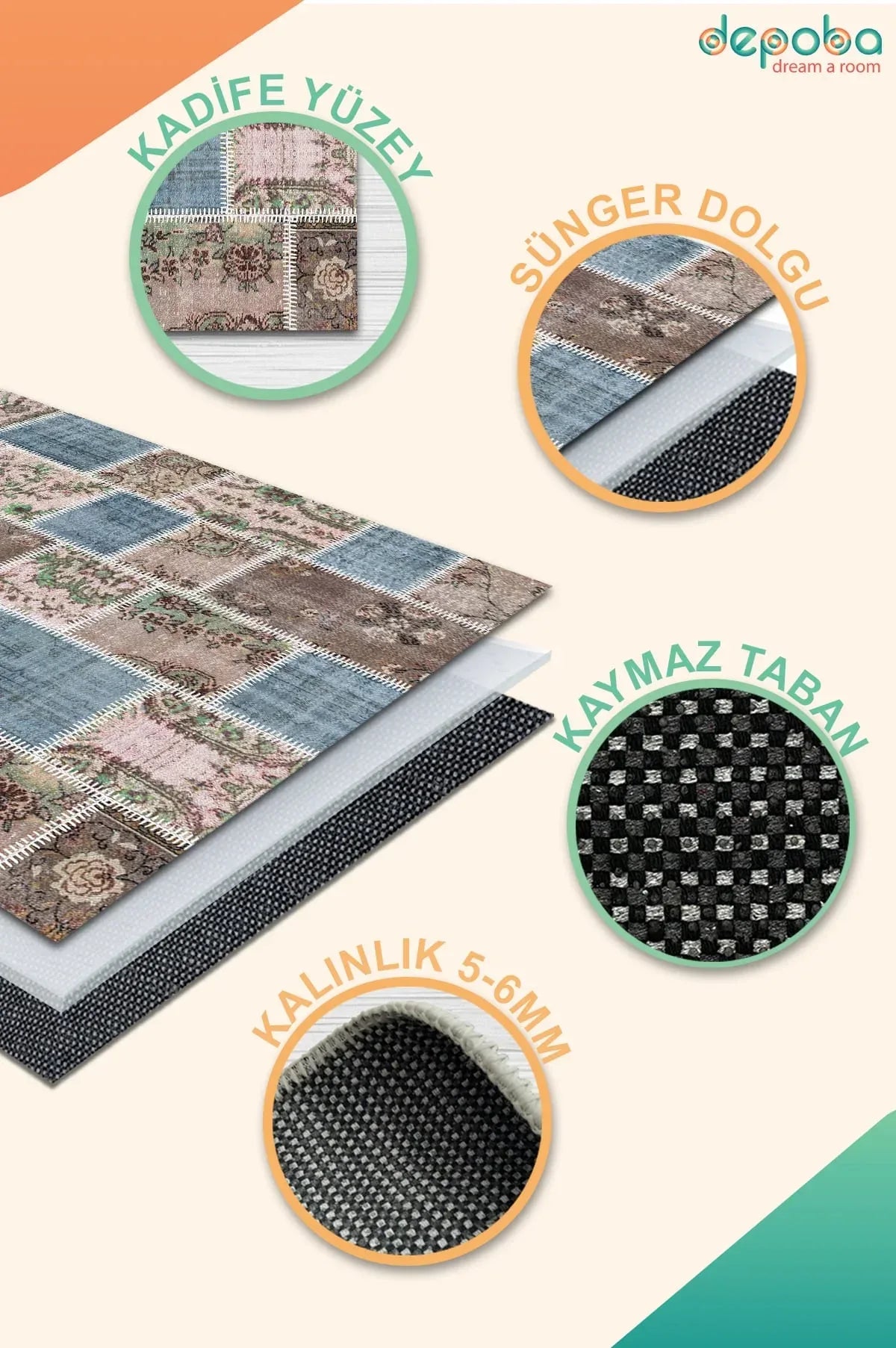 Merkür Patchwork Kadife Yıkanabilir Kaymaz Pamuk Tabanlı Antibakteriyel Salon Halısı - Aydahome