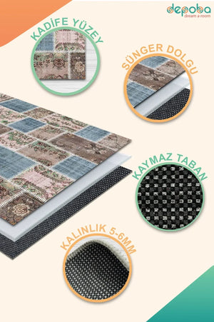 Merkür Patchwork Kadife Yıkanabilir Kaymaz Pamuk Tabanlı Antibakteriyel Salon Halısı - Aydahome