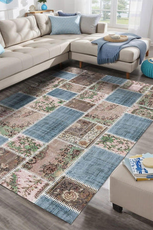 Merkür Patchwork Kadife Yıkanabilir Kaymaz Pamuk Tabanlı Antibakteriyel Salon Halısı - Aydahome