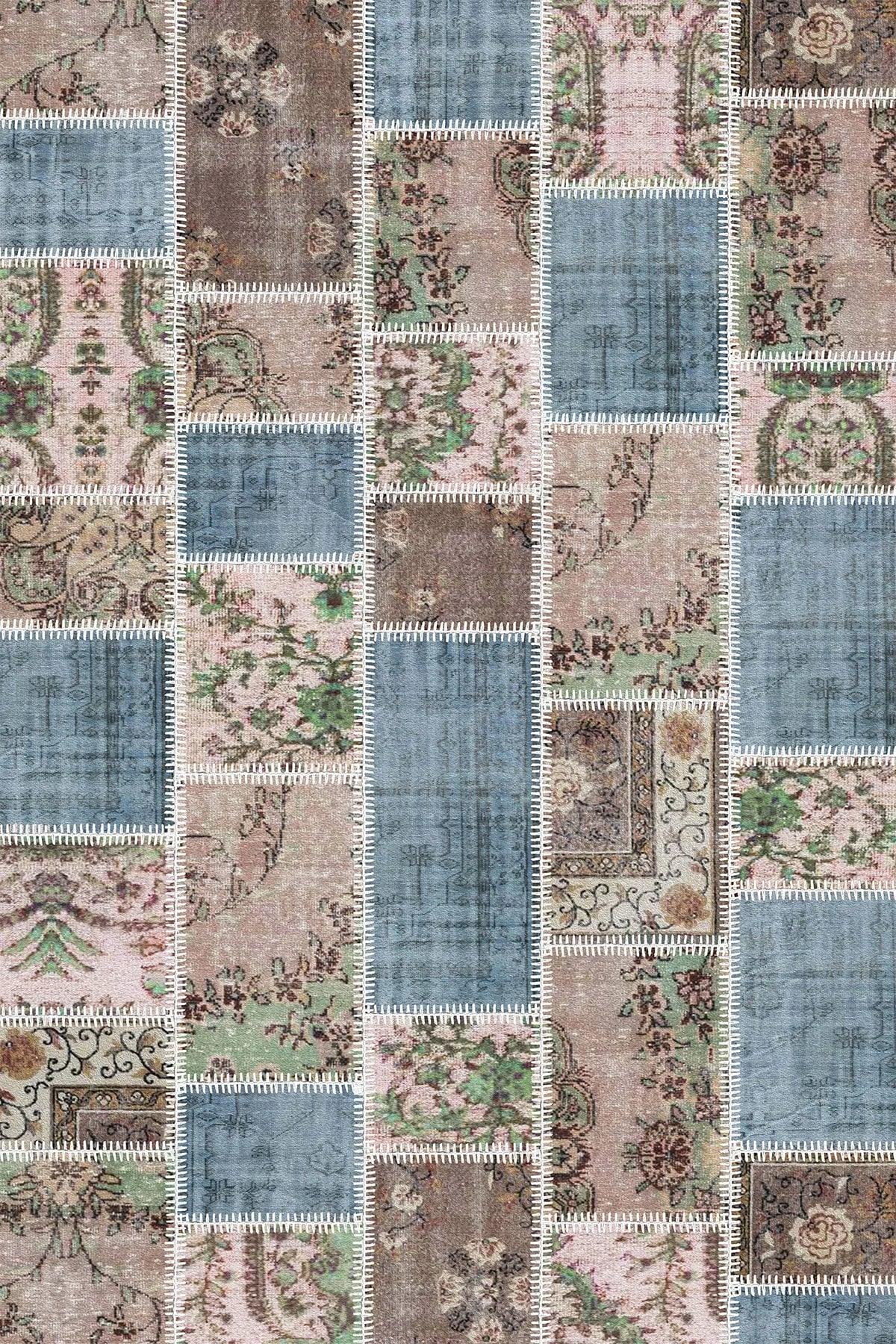 Merkür Patchwork Kadife Yıkanabilir Kaymaz Pamuk Tabanlı Antibakteriyel Salon Halısı - Aydahome