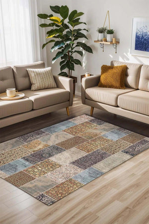 Mordo Patchwork Kadife Yıkanabilir Kaymaz Pamuk Tabanlı Antibakteriyel Salon Halısı - Aydahome