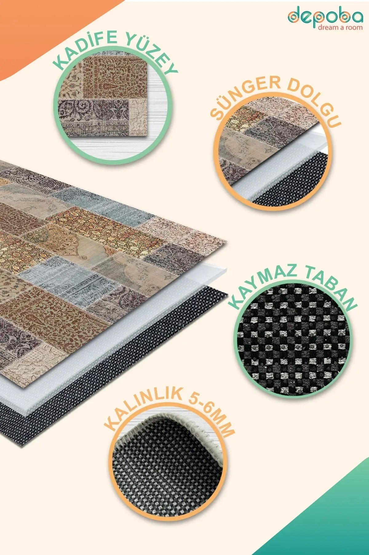 Mordo Patchwork Kadife Yıkanabilir Kaymaz Pamuk Tabanlı Antibakteriyel Salon Halısı - Aydahome