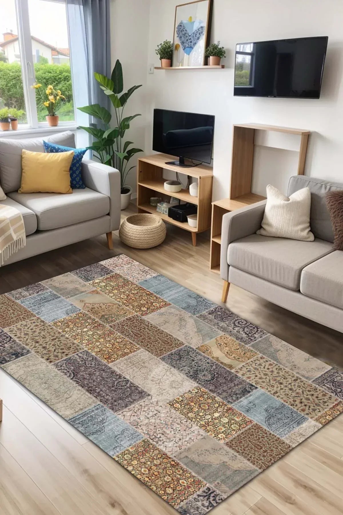 Mordo Patchwork Kadife Yıkanabilir Kaymaz Pamuk Tabanlı Antibakteriyel Salon Halısı - Aydahome
