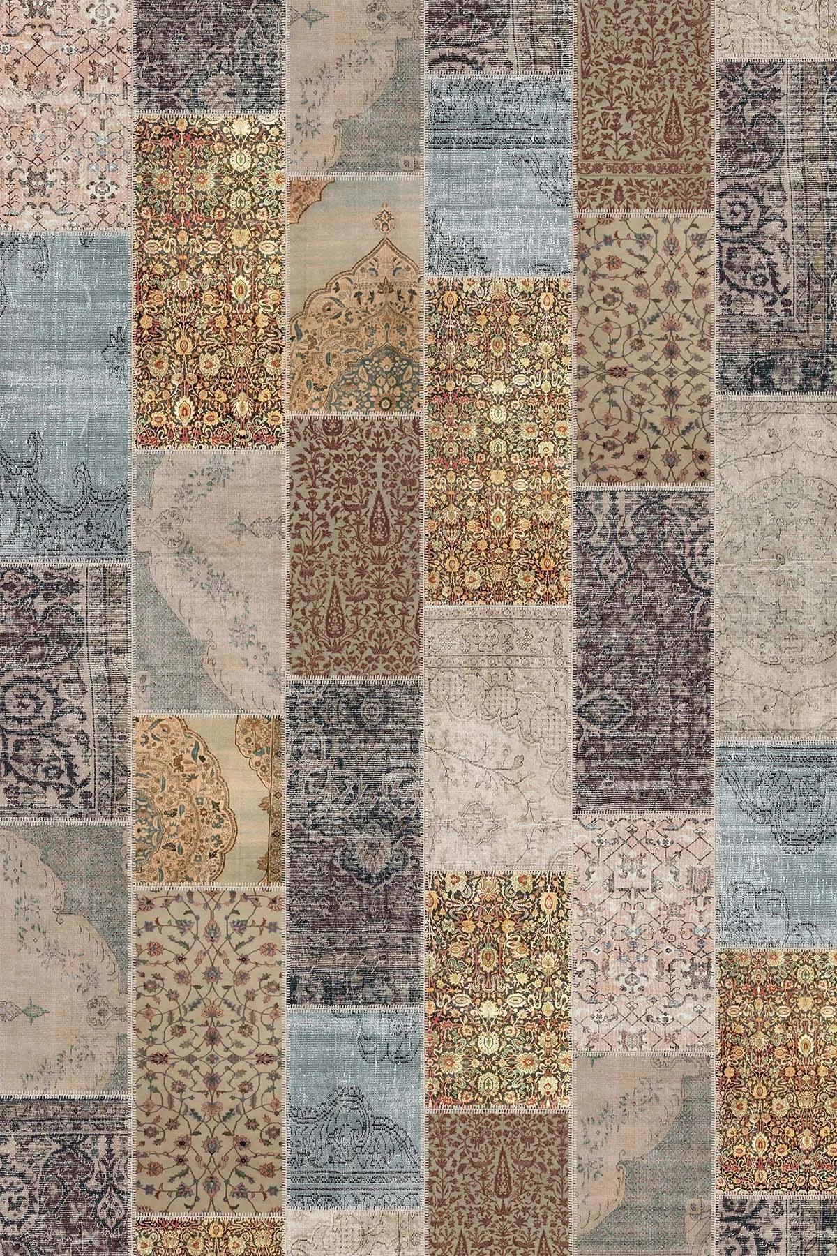 Mordo Patchwork Kadife Yıkanabilir Kaymaz Pamuk Tabanlı Antibakteriyel Salon Halısı - Aydahome