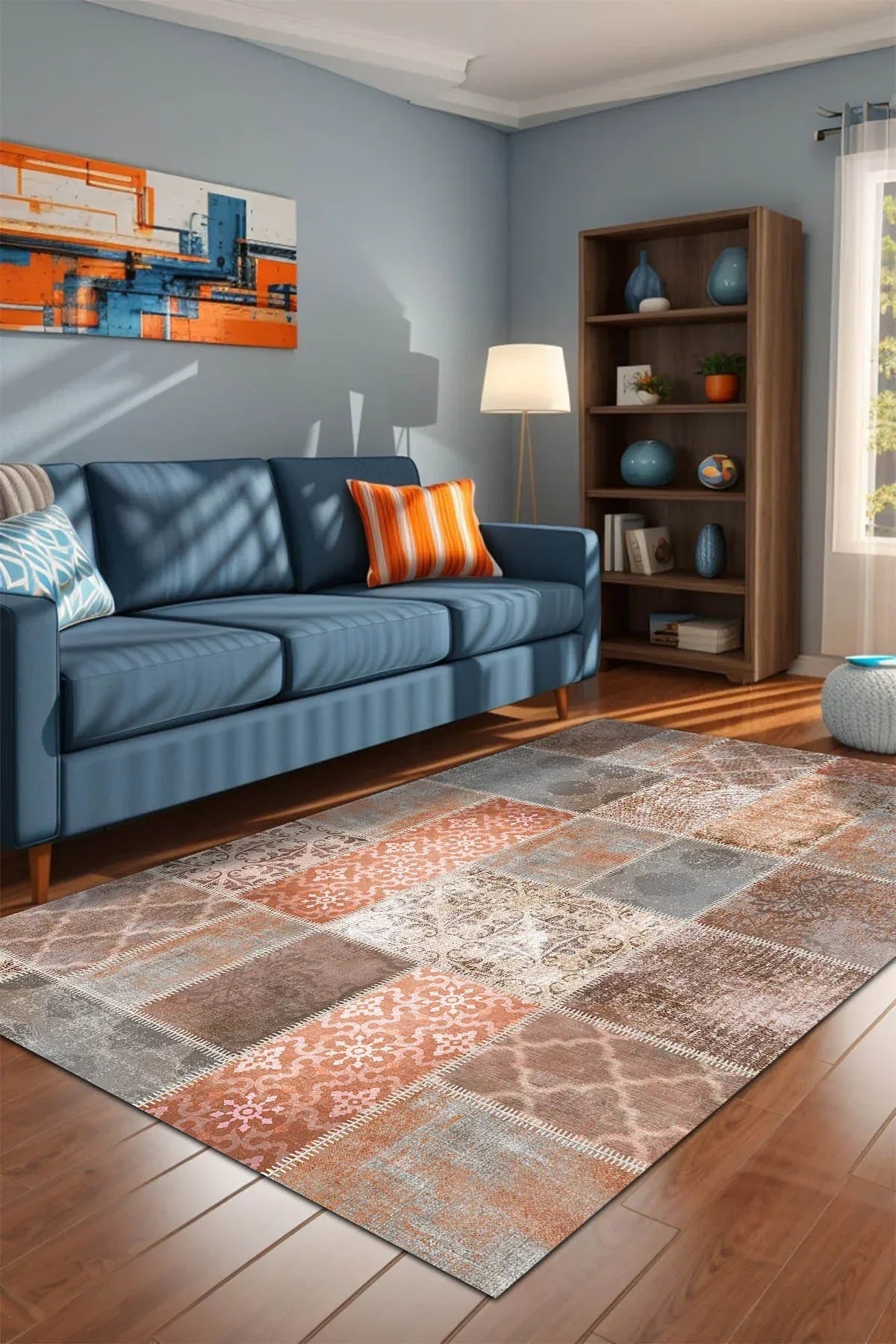 Nandy Patchwork Kadife Yıkanabilir Kaymaz Pamuk Tabanlı Antibakteriyel Salon Halısı - Aydahome