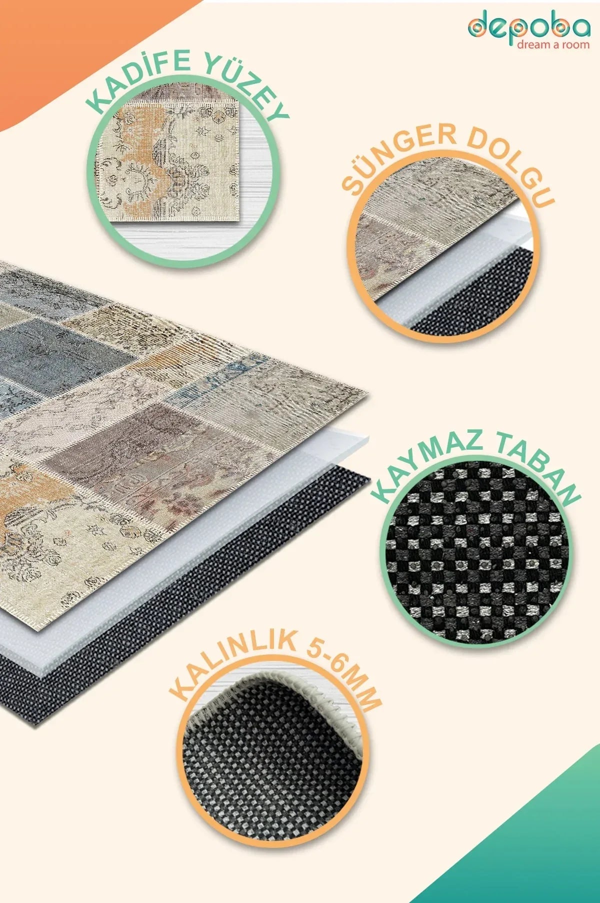 Siense Patchwork Kadife Yıkanabilir Kaymaz Pamuk Tabanlı Antibakteriyel Salon Halısı - Aydahome