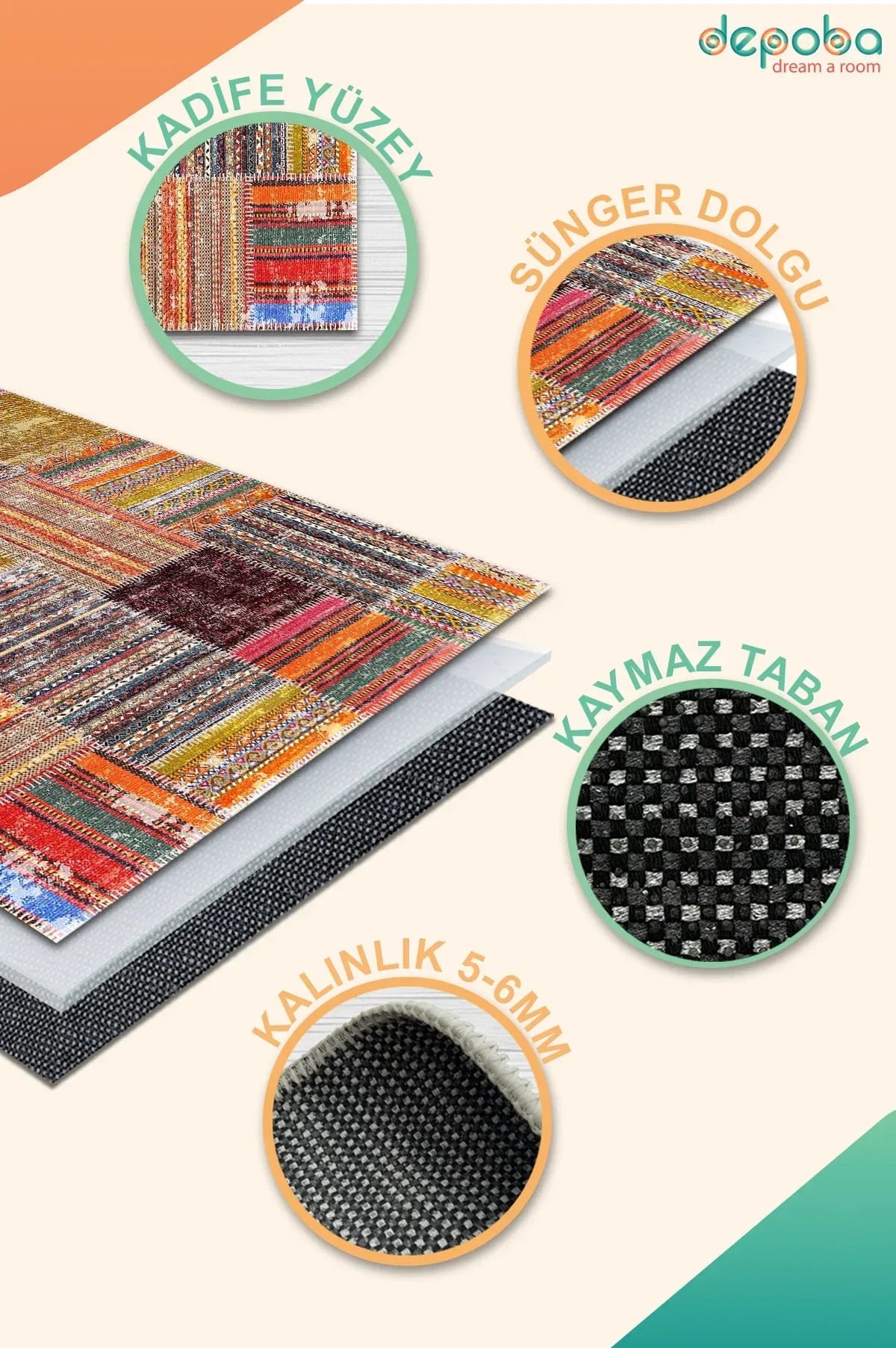 Silvena Patchwork Kadife Yıkanabilir Kaymaz Pamuk Tabanlı Antibakteriyel Salon Halısı - Aydahome