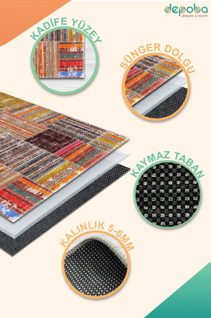 Silvena Patchwork Kadife Yıkanabilir Kaymaz Pamuk Tabanlı Antibakteriyel Salon Halısı - Aydahome