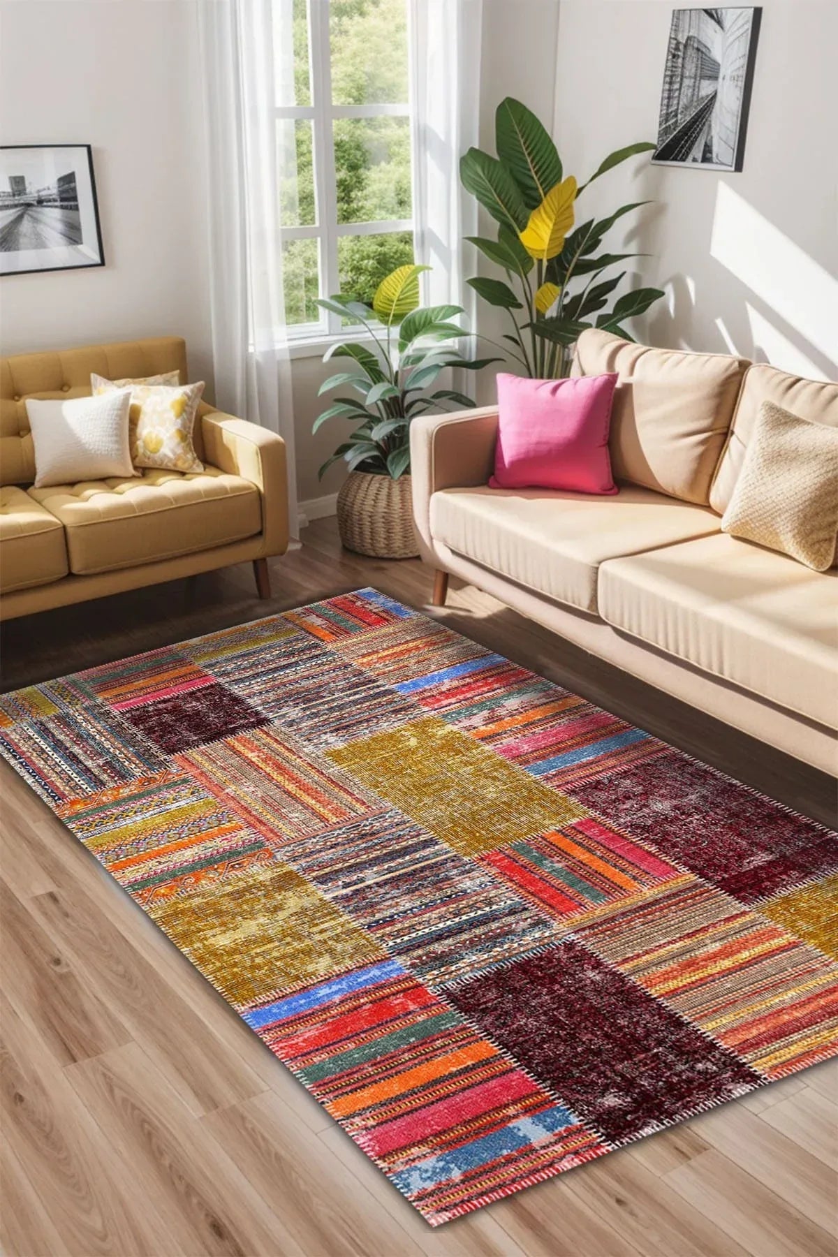 Silvena Patchwork Kadife Yıkanabilir Kaymaz Pamuk Tabanlı Antibakteriyel Salon Halısı - Aydahome