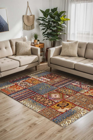 Tona Patchwork Kadife Yıkanabilir Kaymaz Pamuk Tabanlı Antibakteriyel Salon Halısı - Aydahome