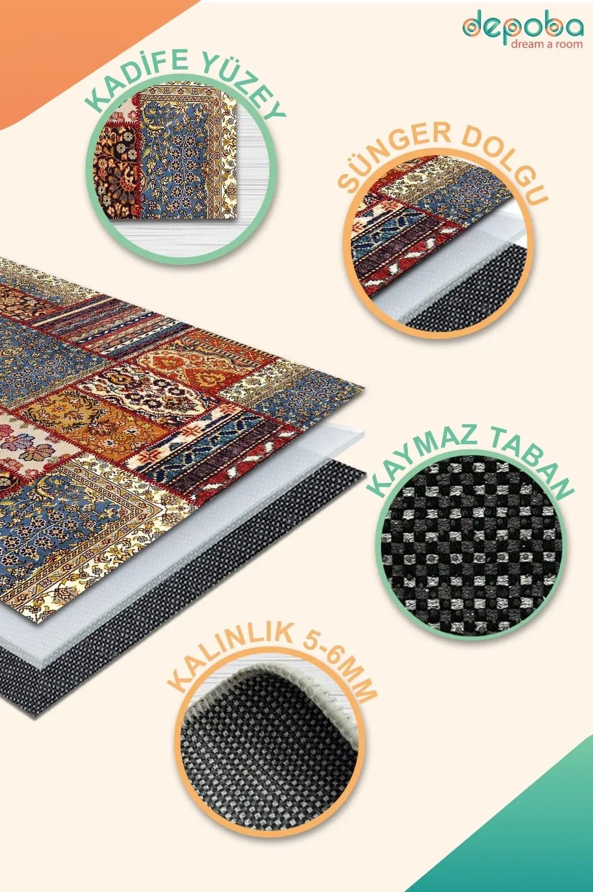 Tona Patchwork Kadife Yıkanabilir Kaymaz Pamuk Tabanlı Antibakteriyel Salon Halısı - Aydahome