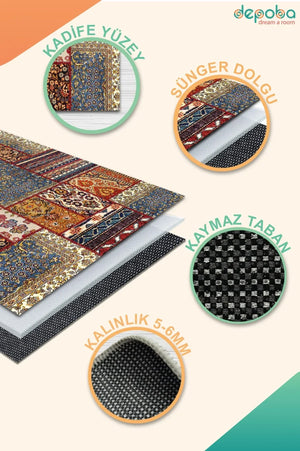 Tona Patchwork Kadife Yıkanabilir Kaymaz Pamuk Tabanlı Antibakteriyel Salon Halısı - Aydahome