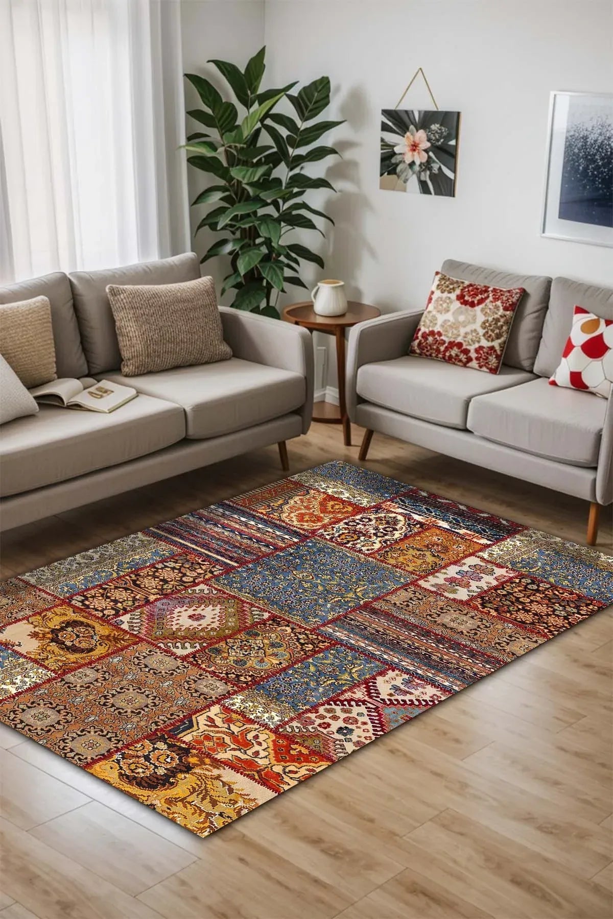 Tona Patchwork Kadife Yıkanabilir Kaymaz Pamuk Tabanlı Antibakteriyel Salon Halısı - Aydahome
