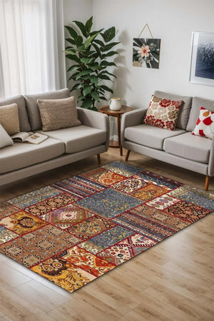 Tona Patchwork Kadife Yıkanabilir Kaymaz Pamuk Tabanlı Antibakteriyel Salon Halısı - Aydahome