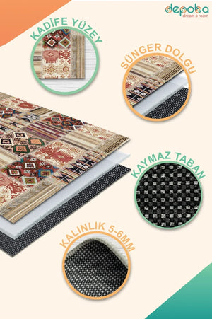 Uranüs Patchwork Kadife Yıkanabilir Kaymaz Pamuk Tabanlı Antibakteriyel Salon Halısı - Aydahome