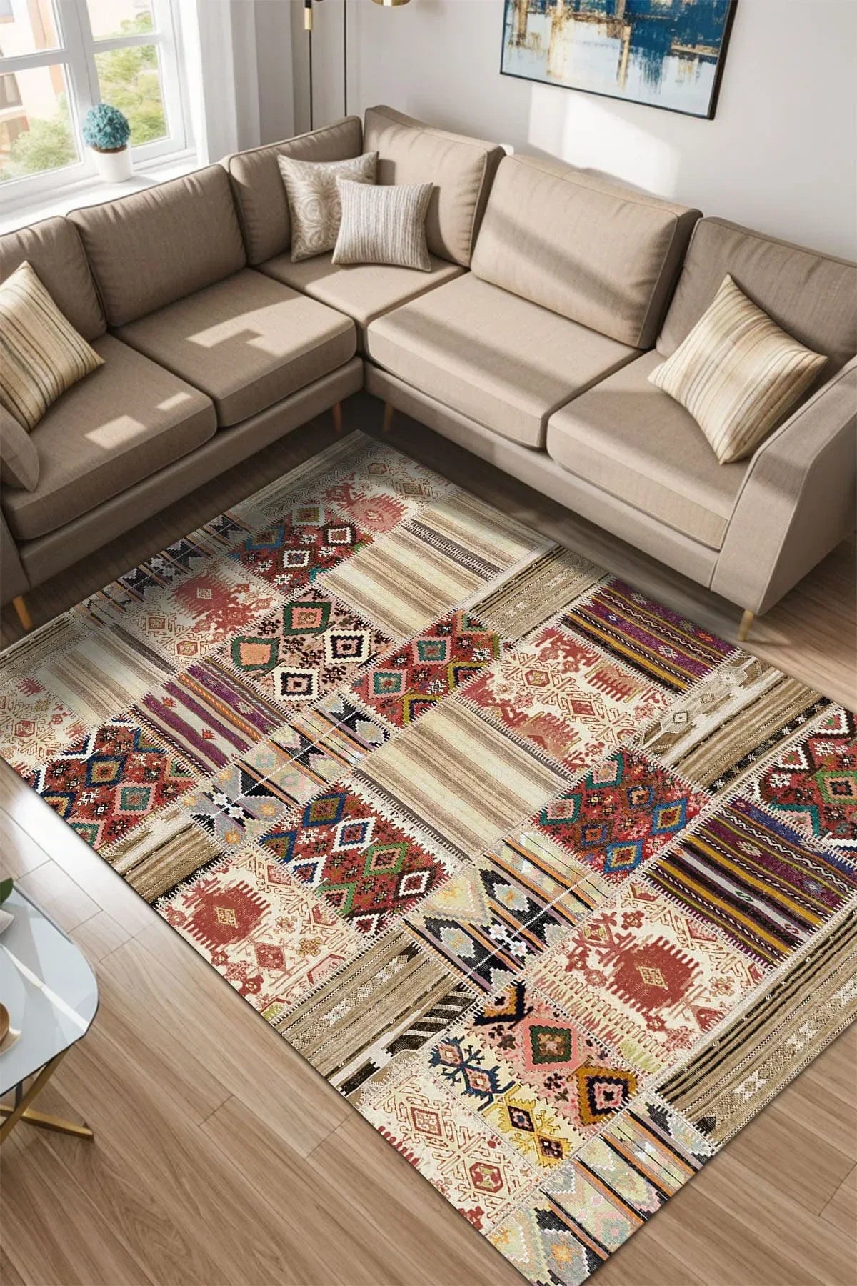 Uranüs Patchwork Kadife Yıkanabilir Kaymaz Pamuk Tabanlı Antibakteriyel Salon Halısı - Aydahome