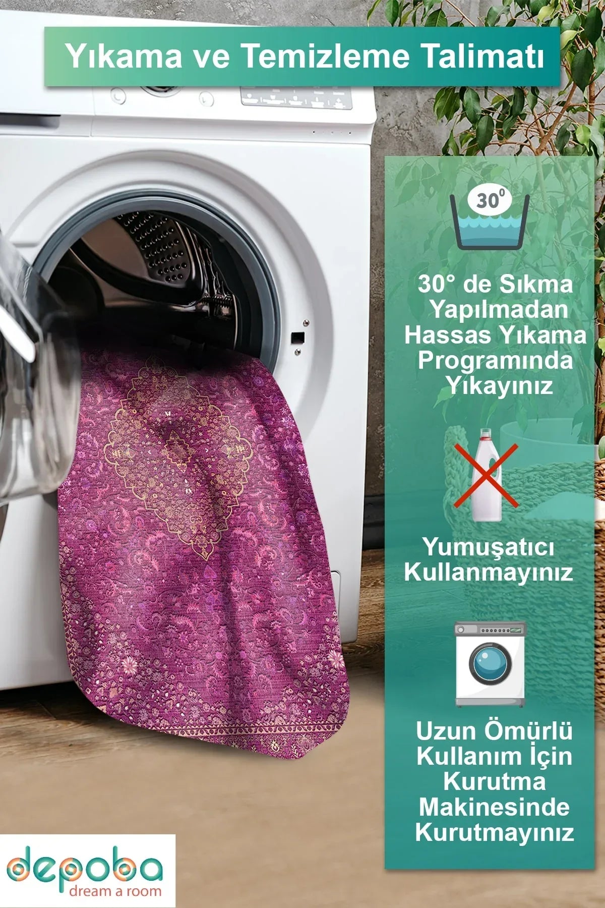 Jutte Vintage Kadife Yıkanabilir Kaymaz Pamuk Tabanlı Antibakteriyel Salon Halısı - Aydahome