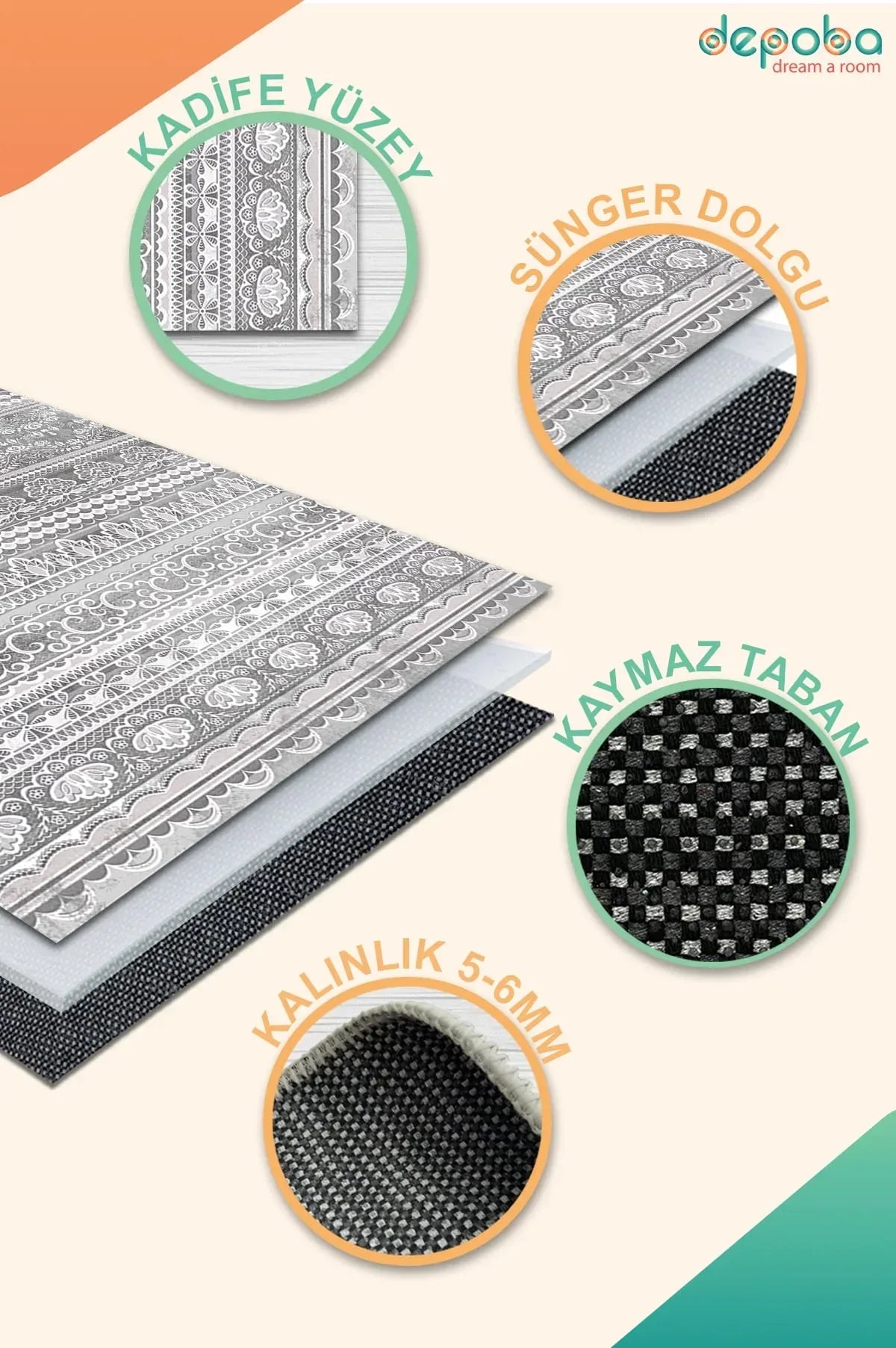 Lima Vintage Kadife Yıkanabilir Kaymaz Pamuk Tabanlı Antibakteriyel Salon Halısı - Aydahome