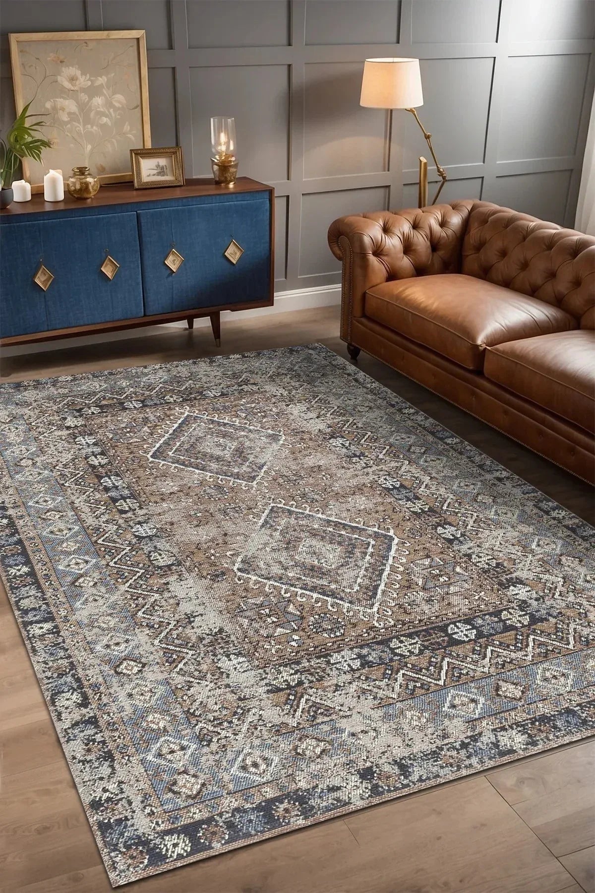 Crest Vintage Desenli Pamuk Tabanlı Yıkanabilen Kaydırmaz Antibakteriyel Şönil Salon Halısı - Aydahome