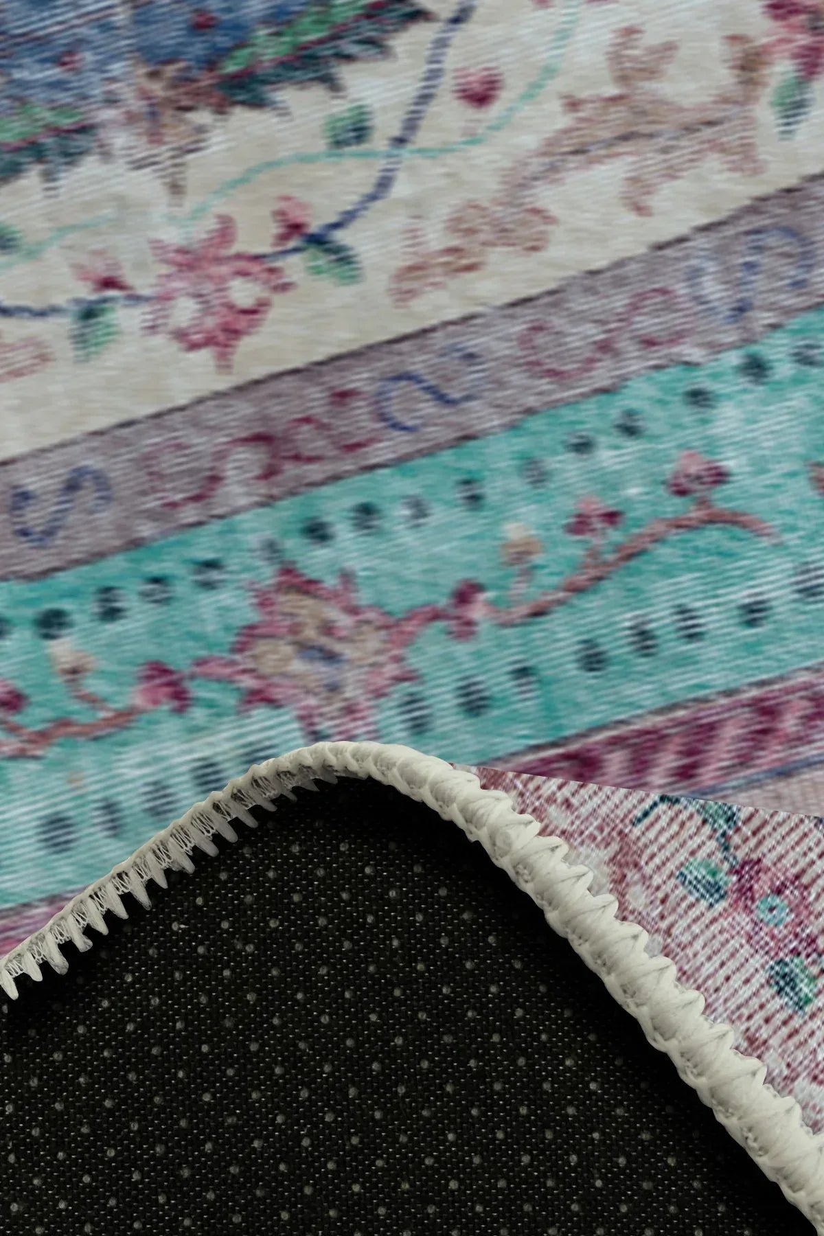 Sable Vintage Desenli Pamuk Tabanlı Yıkanabilen Kaydırmaz Antibakteriyel Şönil Salon Halısı - Aydahome