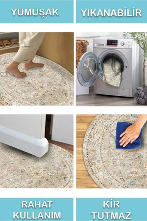 Monty Vintage Desenli Şönil Pamuk Tabanlı Yıkanabilen Kaymaz Antibakteriyel Yuvarlak Salon Halısı - Aydahome