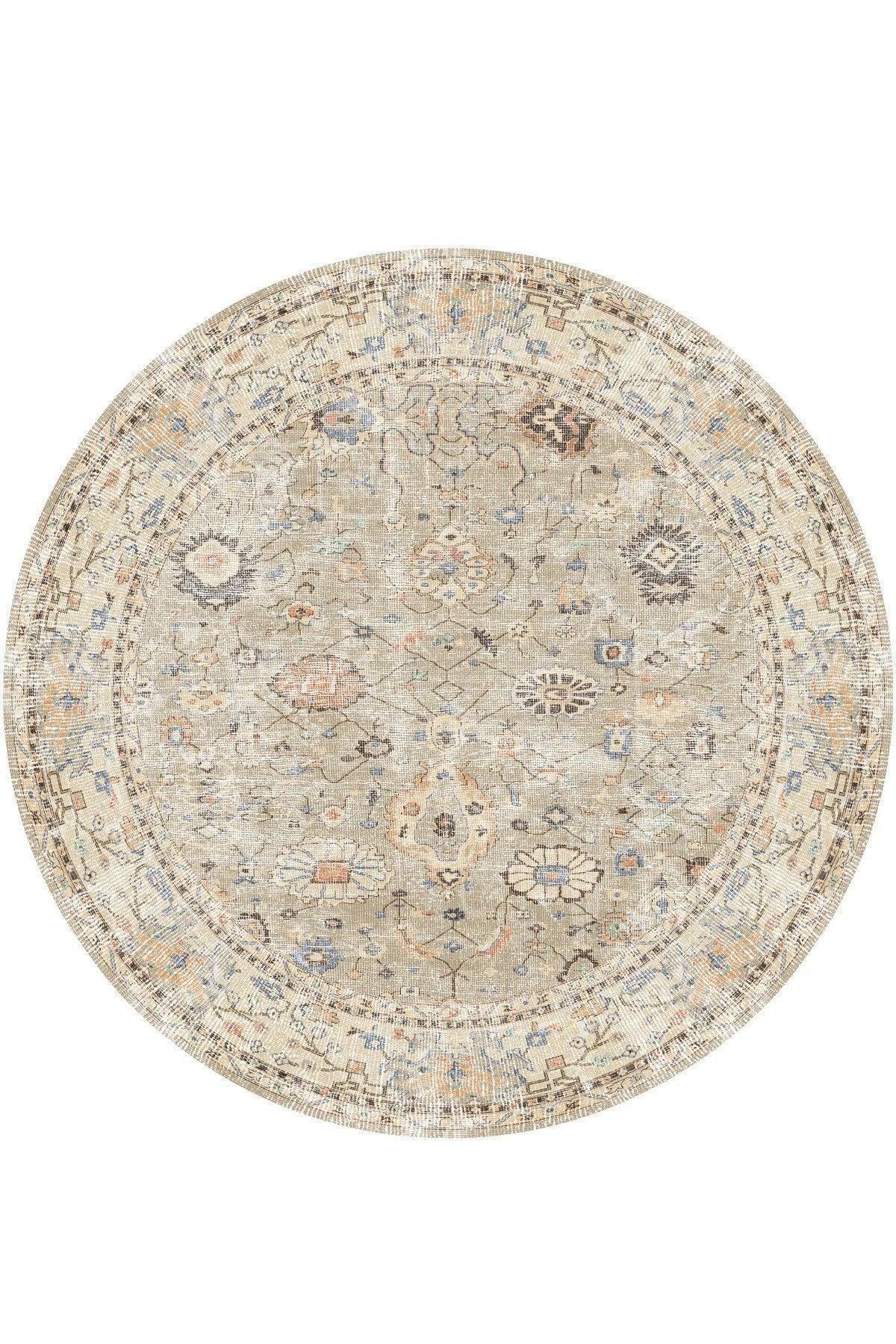 Monty Vintage Desenli Şönil Pamuk Tabanlı Yıkanabilen Kaymaz Antibakteriyel Yuvarlak Salon Halısı - Aydahome