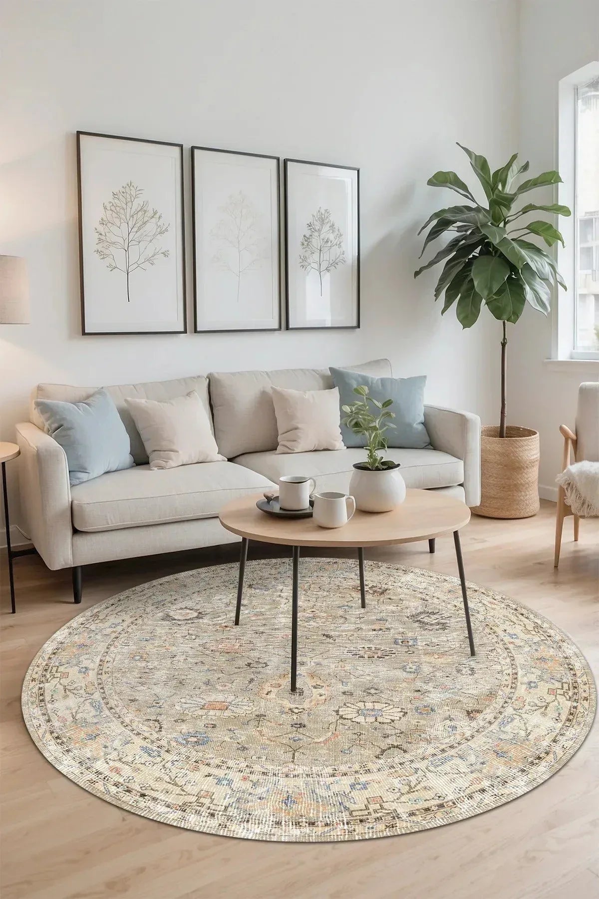 Monty Vintage Desenli Şönil Pamuk Tabanlı Yıkanabilen Kaymaz Antibakteriyel Yuvarlak Salon Halısı - Aydahome