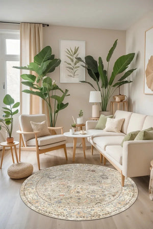 Monty Vintage Desenli Şönil Pamuk Tabanlı Yıkanabilen Kaymaz Antibakteriyel Yuvarlak Salon Halısı - Aydahome