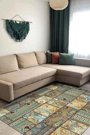 Node Patchwork Desenli Pamuk Tabanlı Yıkanabilen Kaydırmaz Antibakteriyel Şönil Salon Halısı - Aydahome