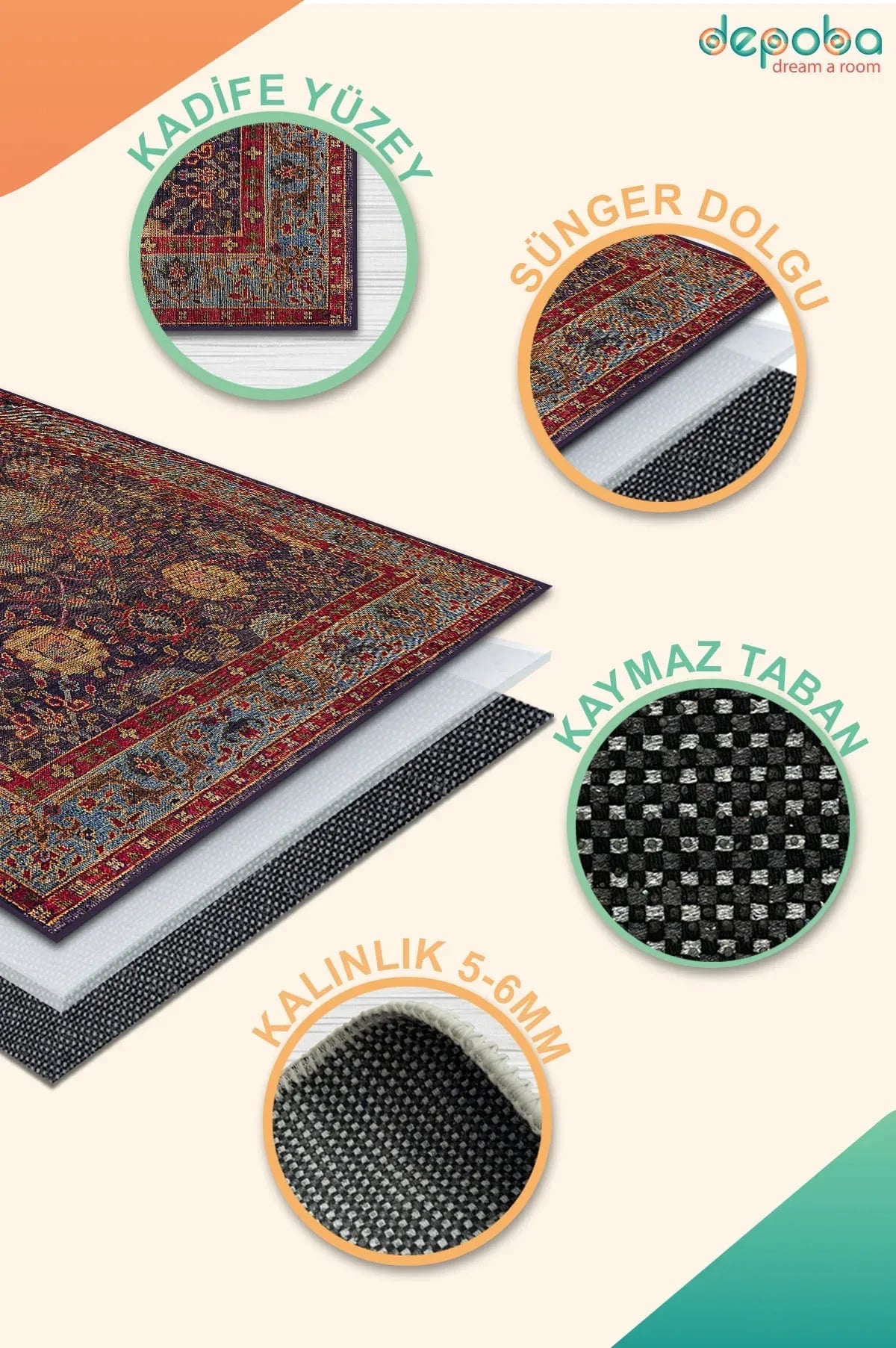 Sarah Modern Kadife Yıkanabilir Kaymaz Pamuk Tabanlı Antibakteriyel Salon Halısı - Aydahome
