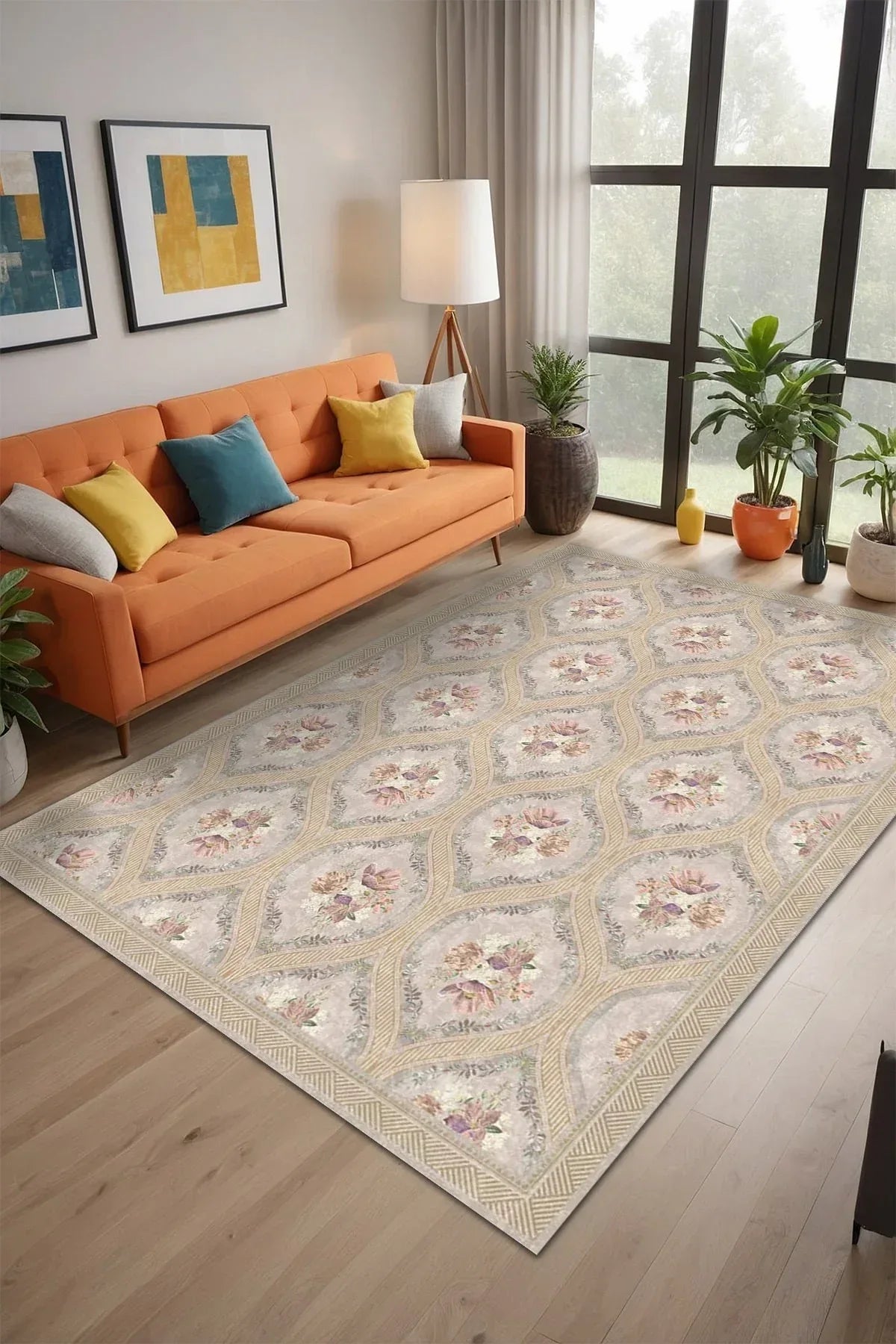 Evanse Floral Desenli Pamuk Tabanlı Yıkanabilen Kaydırmaz Antibakteriyel Şönil Salon Halısı - Aydahome