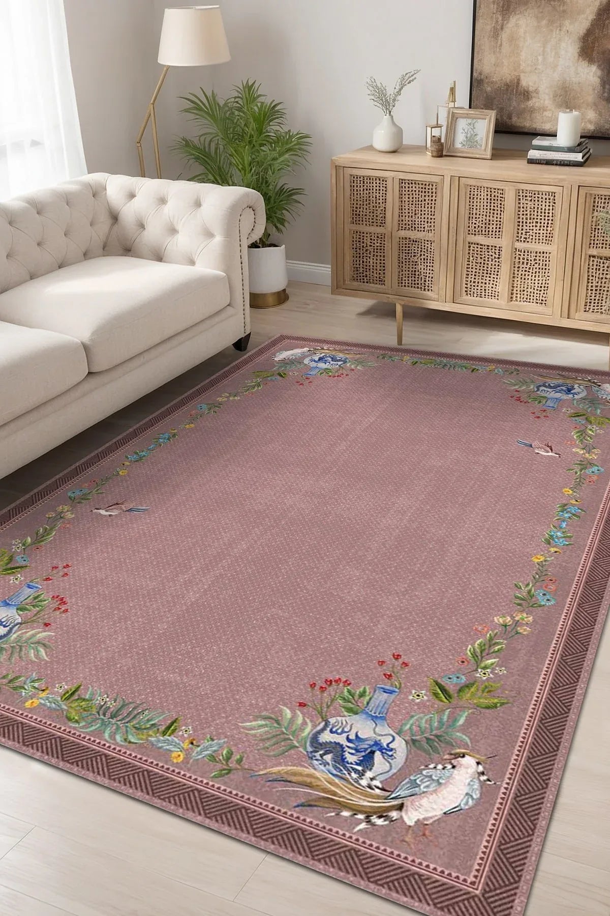 Yase Floral Desenli Pamuk Tabanlı Yıkanabilen Kaydırmaz Antibakteriyel Şönil Salon Halısı - Aydahome