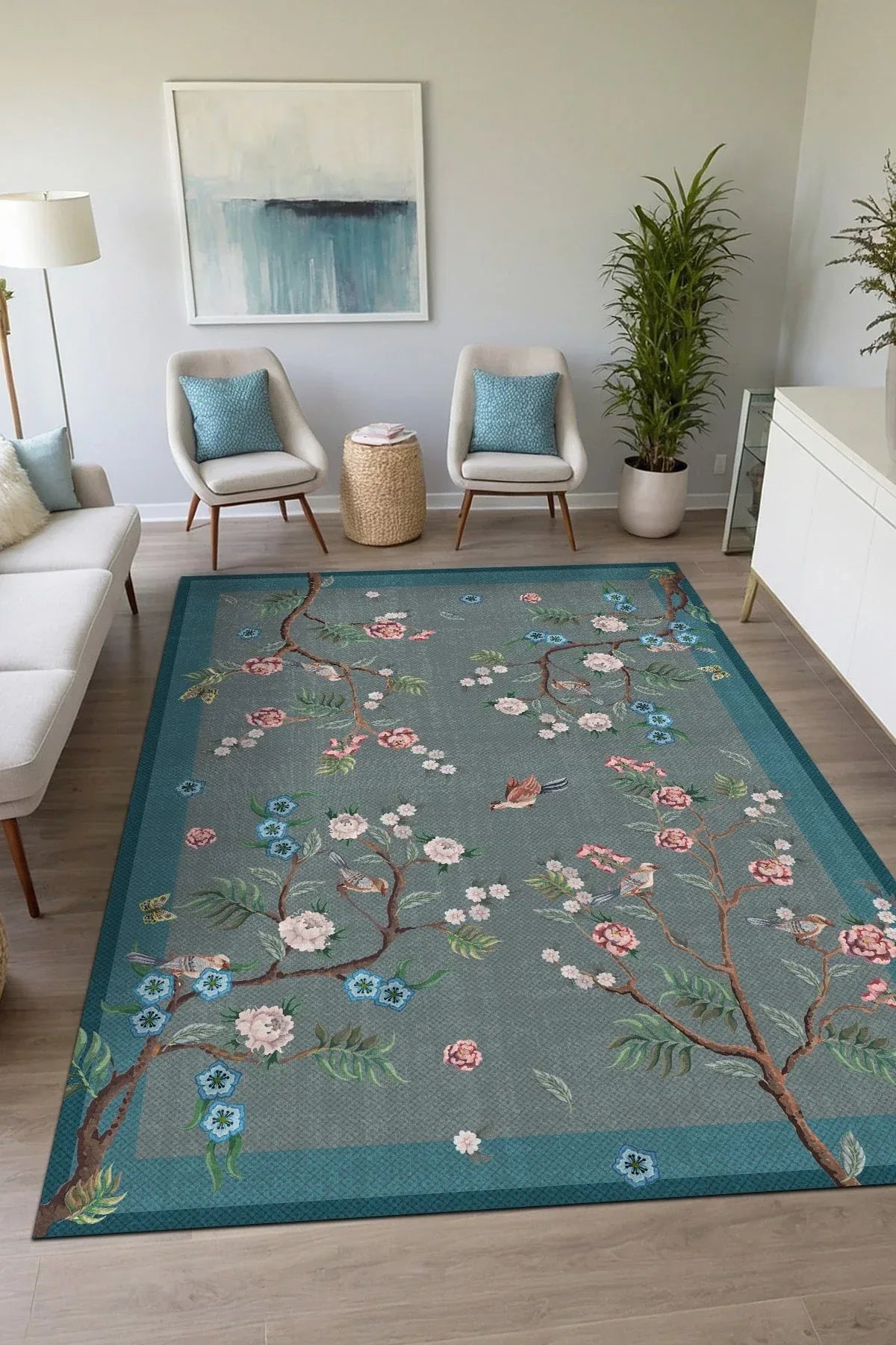Prans Floral Desenli Pamuk Tabanlı Yıkanabilen Kaydırmaz Antibakteriyel Şönil Salon Halısı - Aydahome