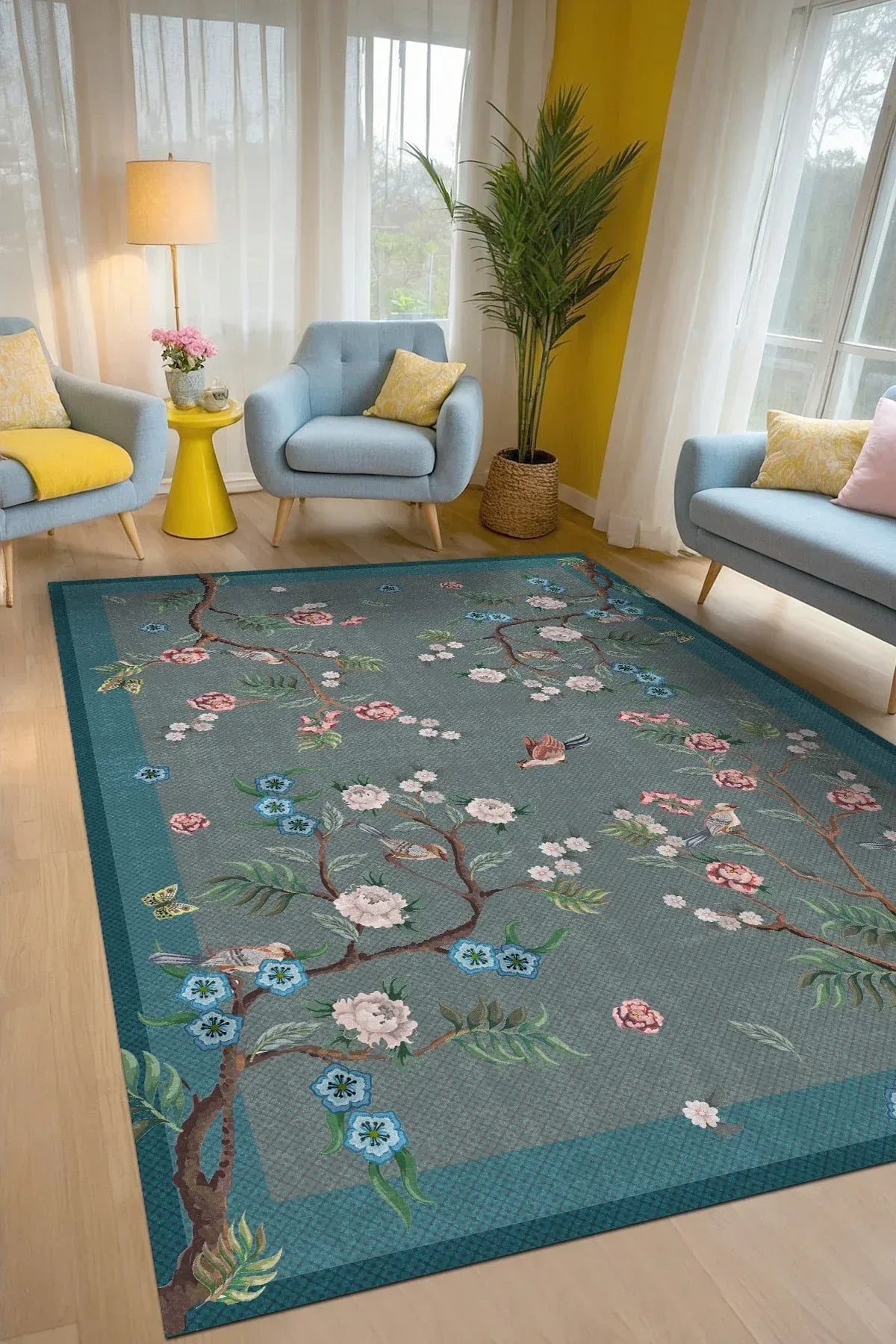 Prans Floral Desenli Pamuk Tabanlı Yıkanabilen Kaydırmaz Antibakteriyel Şönil Salon Halısı - Aydahome