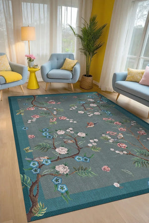Prans Floral Desenli Pamuk Tabanlı Yıkanabilen Kaydırmaz Antibakteriyel Şönil Salon Halısı - Aydahome